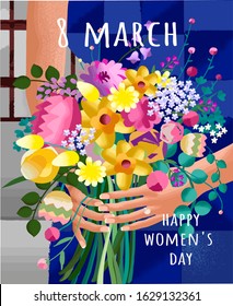 Happy Women's Day on March 8th. Abstract vector illustration of a flower bouquet in female hands. Gradient pattern of plants and leaves for poster, card or background.
 
