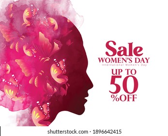 Happy women's day on March 8 with Text flowers and butterflies