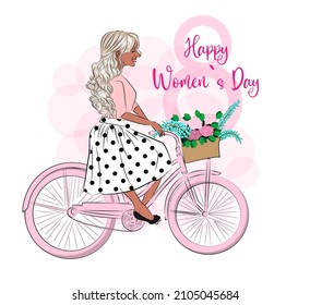 Happy Women's Day on March 8 Cute beautiful girl on a bicycle Romantic postcard and poster for the spring holiday in retro style blond woman print on textiles on cards for gift wrapping Vector