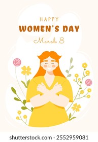 Feliz Dia das Mulheres em 8 de março cartão de saudação com linda jovem mulher abraçando-se no fundo floral. Desenhado à mão ilustração de vetor de desenhos animados planos. Conceito de feminismo e empoderamento feminino