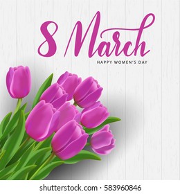 happy womens day on March 8. Design of modern hand calligraphy with pink flower and copy space on white wooden background for greeting card, banner, poster template in vector illustration.