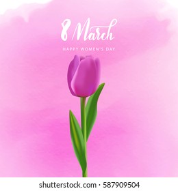 happy women's day on March 8. Design of modern hand calligraphy with pink tulip flower and copy space on white wooden background for greeting card, banner, poster template in vector illustration.