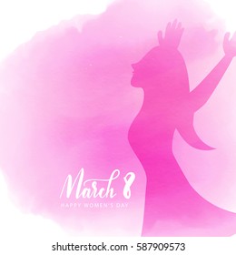 happy women's day on March 8. Design of modern hand calligraphy with pink tulip flower and copy space on white wooden background for greeting card, banner, poster template in vector illustration.