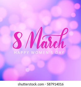 happy women's day on March 8. Design of modern hand calligraphy with pink tulip flower and copy space on white wooden background for greeting card, banner, poster template in vector illustration.