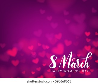 happy women's day on March 8. Design of modern hand calligraphy with beautiful pink heart bokeh background for greeting card, banner, poster template in vector illustration.