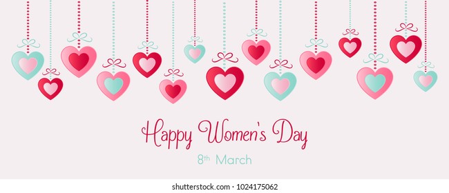 Happy Women's Day - panoramic banner with hanging papert cut hearts. Vector.
