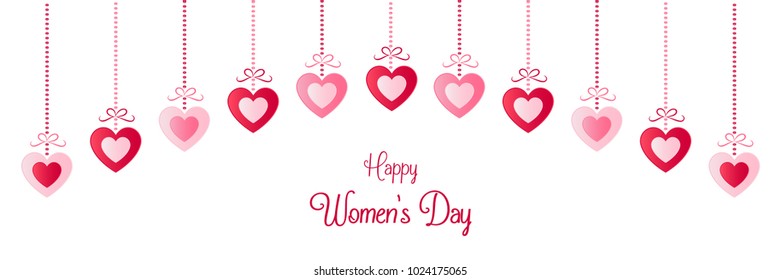Happy Women's Day - panoramic banner with hanging papert cut hearts. Vector.