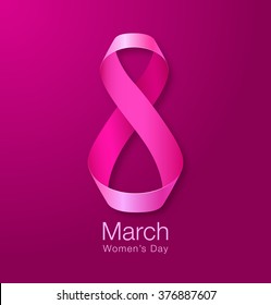 Happy Womens Day Paper Design.  Realistic Ribbon March 8 greeting card. Vector logo illustration.