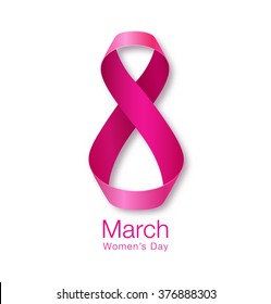 Happy Womens Day Paper Design. Realistic Ribbon March 8 greeting card. Vector logo illustration.
