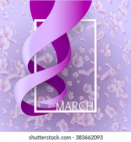 Happy Womens Day Paper Design.  Ribbon March 8 greeting card with pink cherry blossom and white frame. Vector logo illustration.