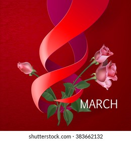 Happy Womens Day Paper Design.  Ribbon March 8 greeting card with red roses. Vector logo illustration.