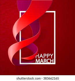 Happy Womens Day Paper Design.  Ribbon March 8 greeting card with white frame. Vector logo illustration.