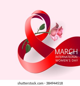 Happy Women's Day Paper Design.  Ribbon March 8 greeting card with red rose. Vector logo illustration.