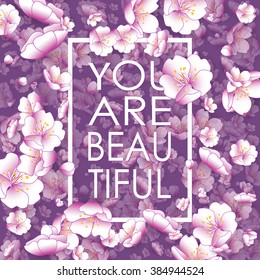 Happy Women's Day Paper Design. Vintage Background With Flying Cherry Blossom. You are beautiful.