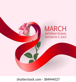 Happy Women's Day Paper Design.  Ribbon March 8 greeting card with red rose. Vector logo illustration.