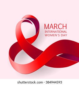 Happy Women's Day Paper Design.  Ribbon March 8 greeting card. Vector logo illustration.