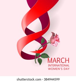 Happy Women's Day Paper Design.  Ribbon March 8 greeting card with red rose. Vector logo illustration.