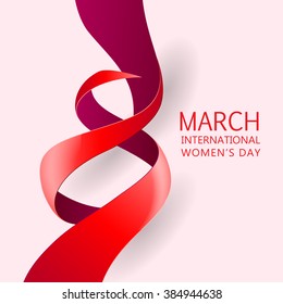 Happy Women's Day Paper Design.  Ribbon March 8 greeting card. Vector logo illustration.