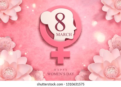Happy women's day with paper woman's head and flowers decoration