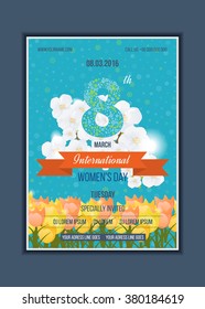 Happy Women's Day Party Flyer. Spring white flowers the blue sky background. Postcard to March 8. 