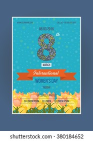 Happy Women's Day Party Flyer. Spring white flowers the blue sky background. Postcard to March 8. 