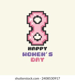 Happy Women's Day pixel art greeting card in trendy 8-bit retro game style. Vector illustration