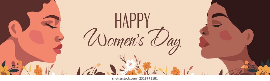 Happy Women's Day. Portraits of beautiful strong women faces surrounded by flowers. Vector banner with International Women's Day. Movements for gender equality and women's empowerment. For website