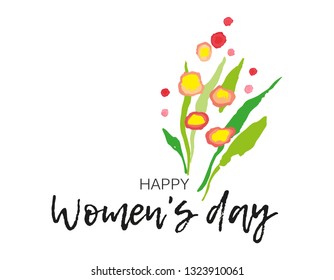 Happy women's day. Poscard for 8 march with greeting tag. International Women's day greeting card. Brush lettering. Simple hand drawn flowers. 