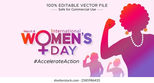 Happy Women's Day post. Women of different ethnicities are standing together and Woman sign illustration. 2025 International women's day campaign theme - #AccelerateAction