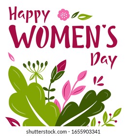 Happy Women's Day postcard or banner template with red lettering sign, flowers and leaves. International Women's Day, March 8 greeting text. Vector illustration for postcard, poster, banner