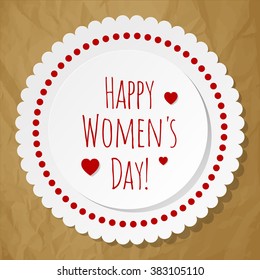 Happy Women's Day Postcard Circle white on a crumpled paper brown background.