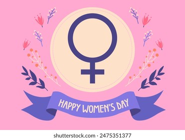 Happy Women's Day postcard concept in flat cartoon design. This lovely card depicts the female symbol and happy women's day greetings decorated with flowers on a pink background. Vector illustration.