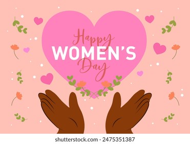 Happy Women's Day postcard concept in flat cartoon design. Women's hands point to a heart with a Happy Women's Day greeting written in a nice font. Vector illustration.