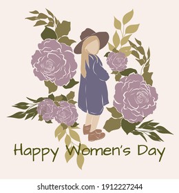 Happy Women's Day postcard with girl in purple dress, purple flowers, green leaves