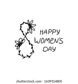 Happy Women's Day postcard isolate. Vector postcard with black number 8 on a white background. Postcard hand draw with letters isolate black on a white background. Number eight from a twig.