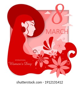 Happy women's day postcard in paper style. Bright card with flowers and a girl from March 8. Vector illustration