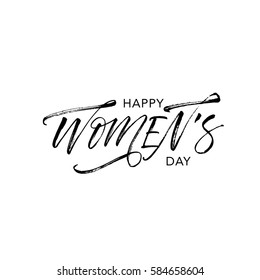 Happy Women's day postcard. Spring holiday. Ink illustration. Modern brush calligraphy. Isolated on white background.