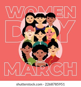 Happy womens day poster 8 symbol background with women different nationalities vector illustration