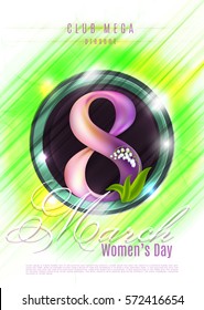 Happy Women's Day poster, 8th March on shiny green background. Beautiful figure 8. Can be used as template, banner or flyer design.