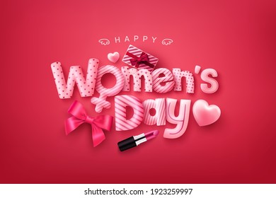 Happy Women's Day Poster or banner with cute font,sweet hearts and gift box on red background.Promotion and shopping template or background for Women' Day and Love concept