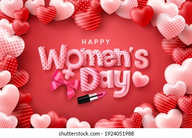 Happy Women's Day Poster or banner with cute font on red and sweet hearts background.Promotion and shopping template or background for Women' Day and Love concept