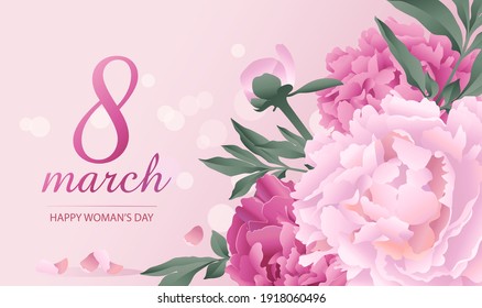 Happy women's day poster, card, invitation design with a bouquet of peony flowers. 8 march flyer template. Bouquet of peonies. Vector illustration.