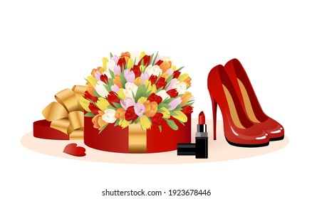 Happy Women's Day. Poster, Card, Web Banner For Womens Day With  Bouquet Of Tulips, Lipstick And Women's Red Shoes. Vector Illustration. Vector Illustration.