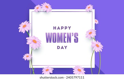 Happy Women's Day Poster or Card Design Decorated with Beautiful Daisy Flowers.