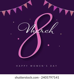 Happy Women's Day Poster or Card Design with March of 8 Number and Bunting Flags Decor on Purple Background.