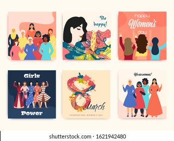 Happy Women's Day Poster Design Set with Modern Young Girls Characters and Different Types Message for 8 March.