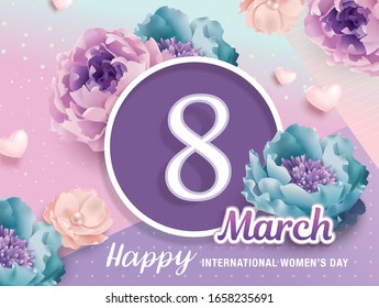Happy Women's Day poster design with beautiful blossom flowers