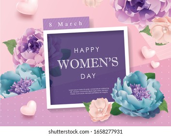 Happy Women's Day poster design with beautiful blossom flowers