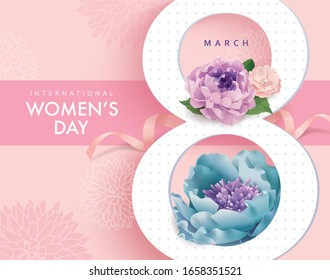 Happy Women's Day poster design with beautiful blossom flowers