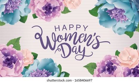 Happy Women's Day poster design with beautiful blossom flowers